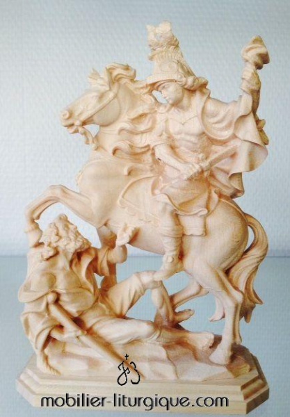 Statue Saint Martin � cheval en bois naturel