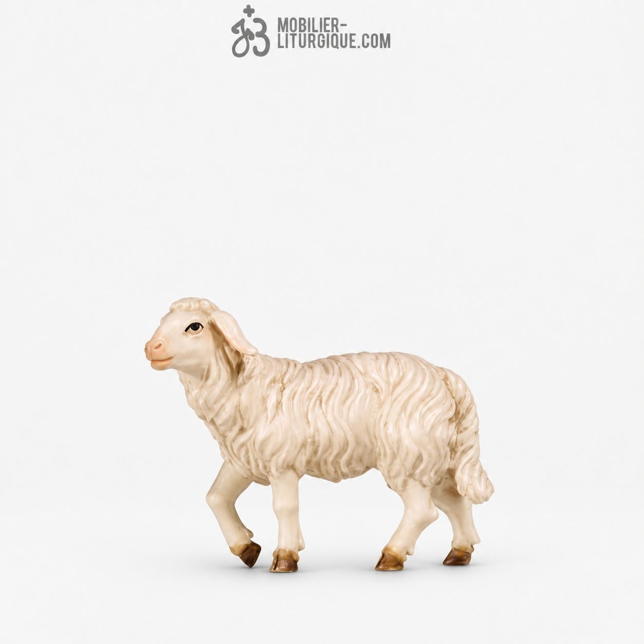 Animal de la cr&egrave;che : mouton blanc debout en bois color&eacute;