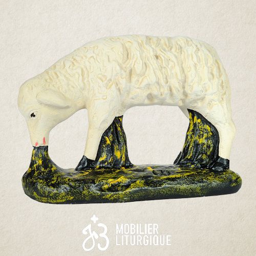 Animal de la cr�che : Mouton broutant, en pl�tre color�