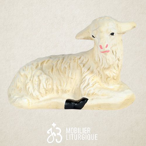 Animal de la cr�che : Mouton couch�, en pl�tre color�