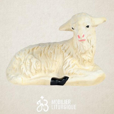 Animal de la crèche : Mouton couché, en plâtre coloré