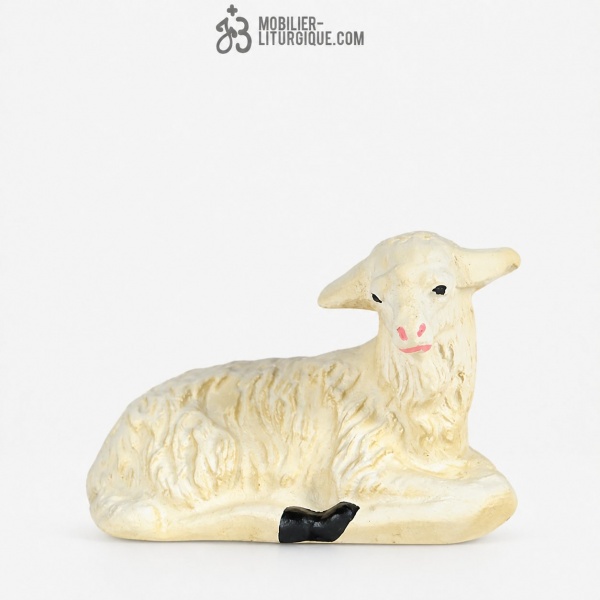 Animal de la cr�che : Mouton couch�, en pl�tre color�