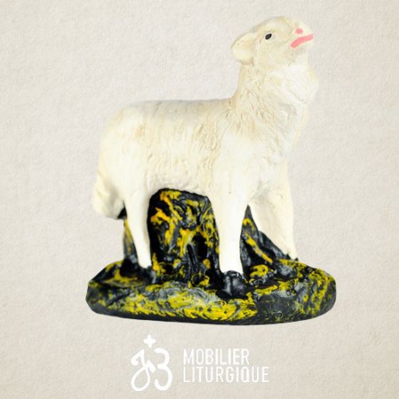 Animal de la crèche : Mouton la tête levée, en plâtre coloré