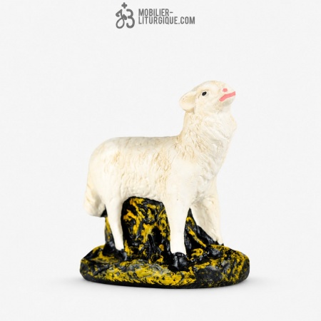 Animal de la cr&egrave;che : Mouton la t&ecirc;te lev&eacute;e, en pl&acirc;tre color&eacute;