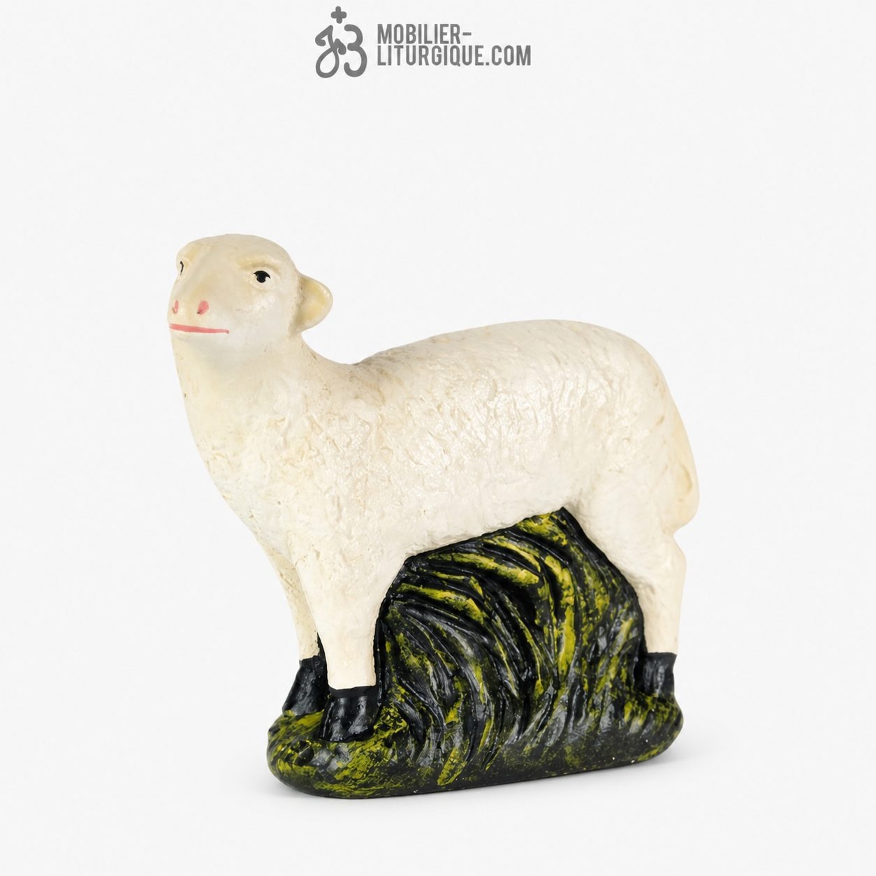 Animal de la cr&egrave;che : Mouton la t&ecirc;te lev&eacute;e, en pl&acirc;tre color&eacute;