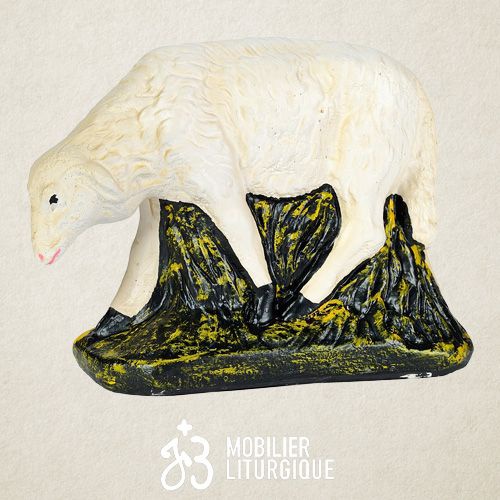 Animal de la cr�che : Mouton t�te pench�e, en pl�tre color�