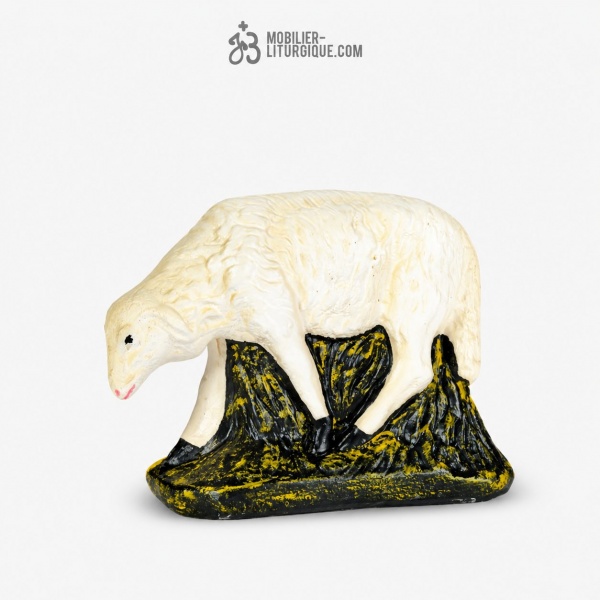 Animal de la cr�che : Mouton t�te pench�e, en pl�tre color�