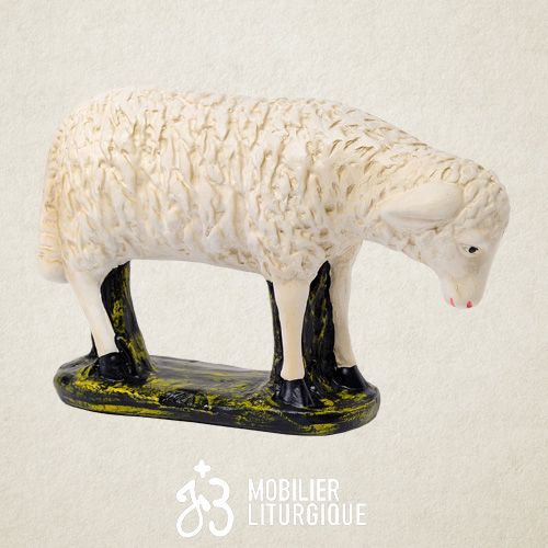 Animal pour cr�che : Mouton t�te baiss�e, en pl�tre color�