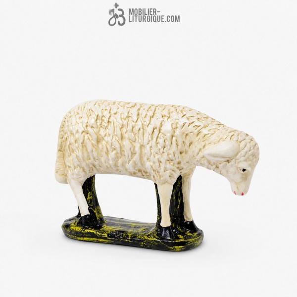 Animal pour cr�che : Mouton t�te baiss�e, en pl�tre color�