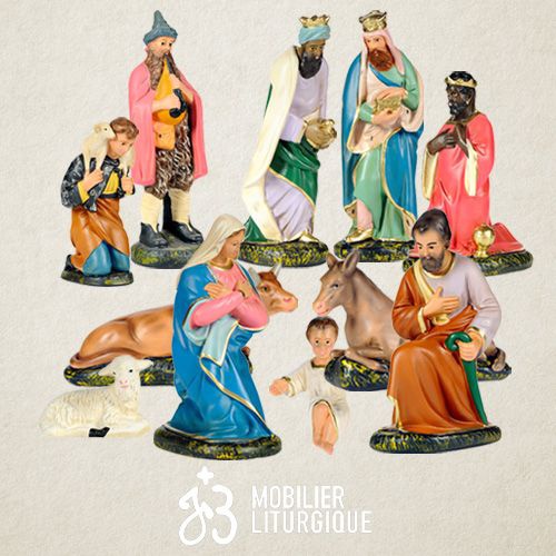Cr�che semi-compl�te de 11 personnages, en pl�tre color�