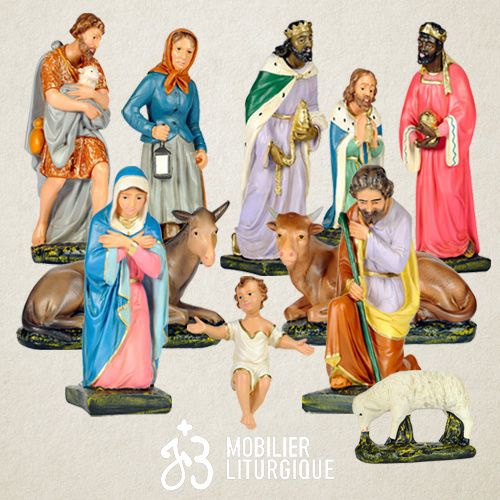 Cr�che semi-compl�te de 11 personnages, en pl�tre color�