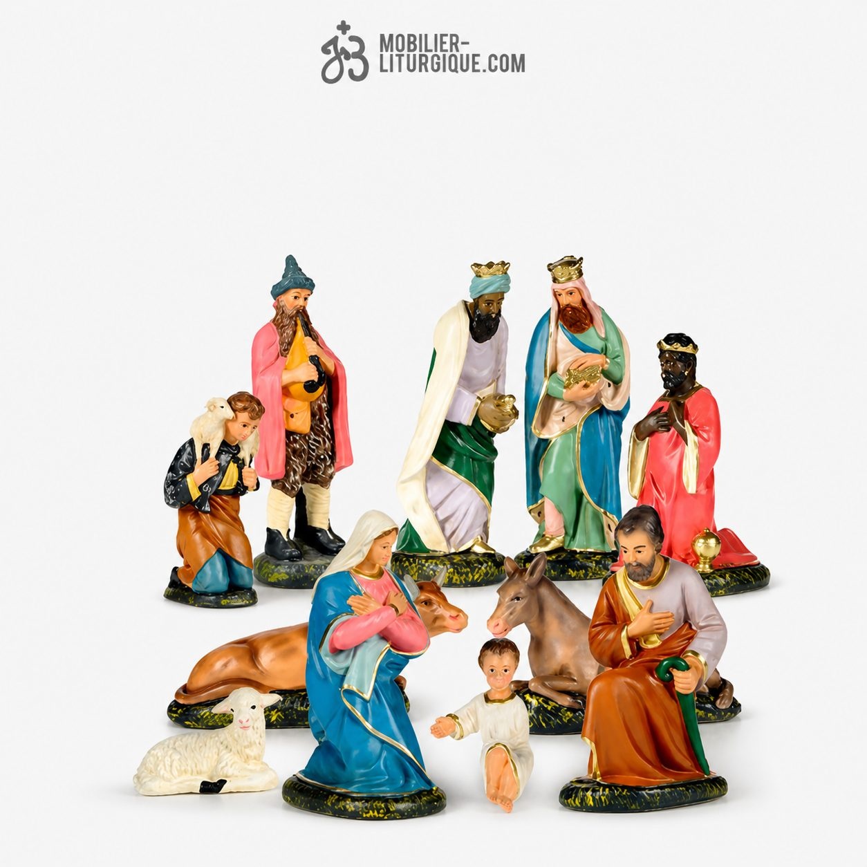 Cr&egrave;che semi-compl&egrave;te de 11 personnages, en pl&acirc;tre color&eacute;