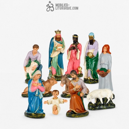 Cr&egrave;che semi-compl&egrave;te de 11 personnages, en pl&acirc;tre color&eacute;