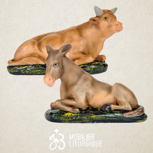 Lot de 2 animaux de cr�che : l'�ne et le boeuf, en pl�tre color�