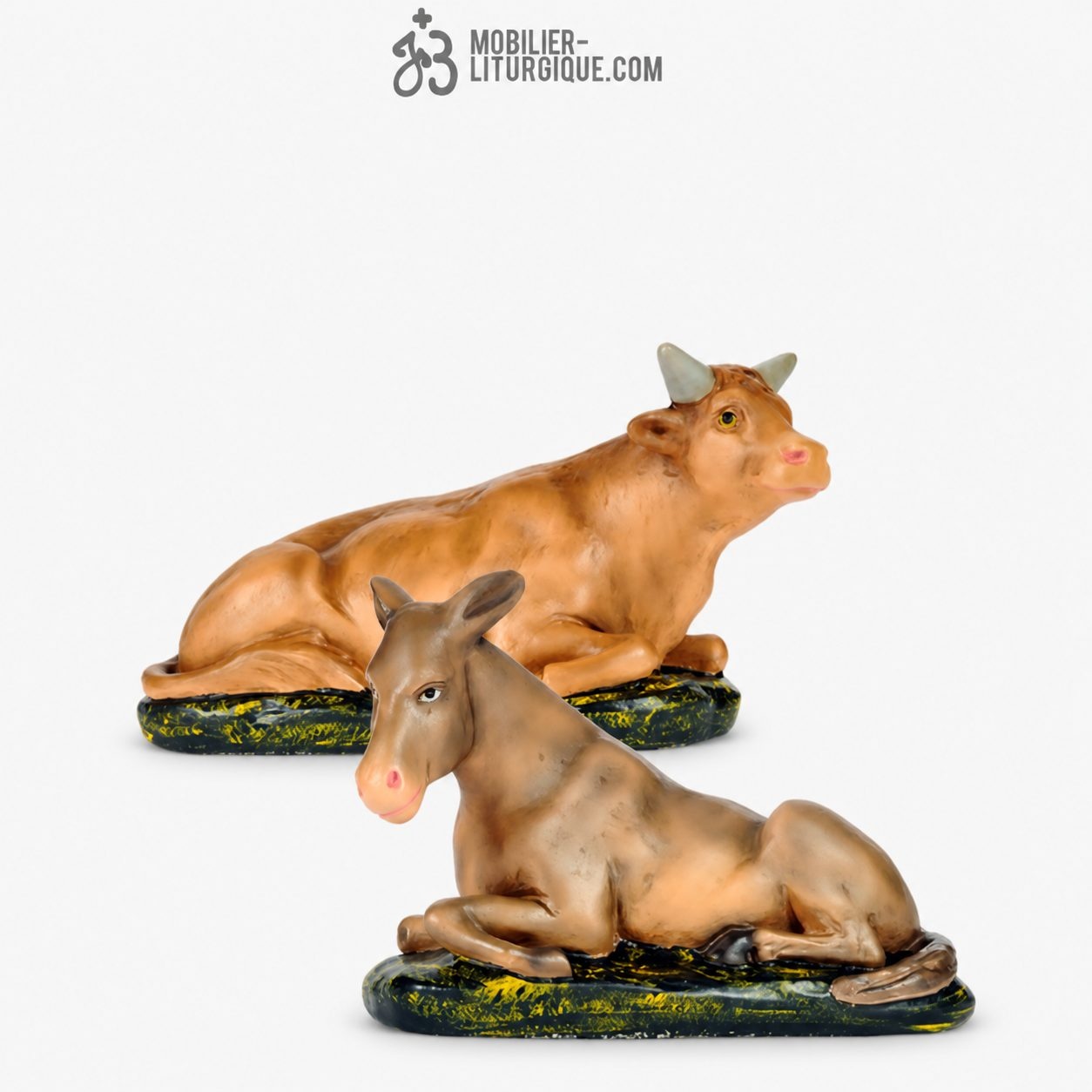 Lot de 2 animaux de cr&egrave;che : l\'&acirc;ne et le boeuf, en pl&acirc;tre color&eacute;