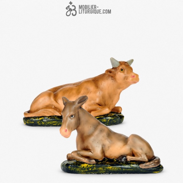 Lot de 2 animaux de cr�che : l\'�ne et le boeuf, en pl�tre color�