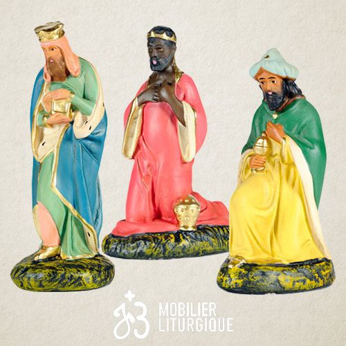 Lot de 3 personnages de cr�che : Rois Mages, en pl�tre color�