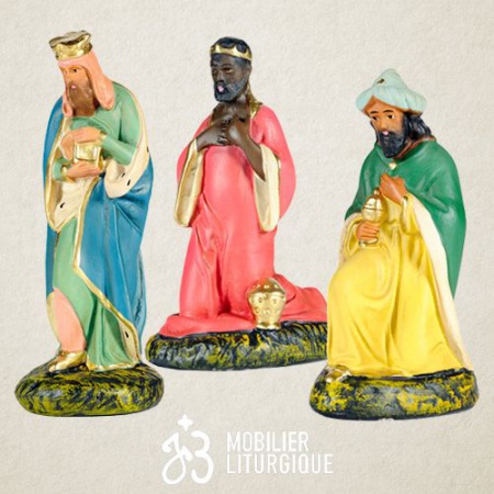 Lot de 3 personnages de crèche : Rois Mages, en plâtre coloré