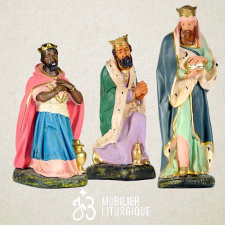 Lot de 3 personnages de crèche : Rois Mages, en plâtre coloré