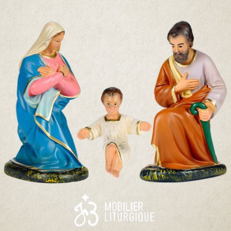 Lot de 3 personnages de crèche : Sainte Famille, en plâtre coloré