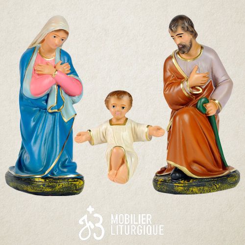 Lot de 3 personnages de cr�che : Sainte Famille, en pl�tre color�