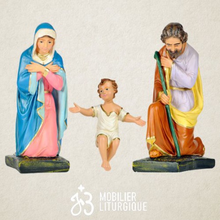 Lot de 3 personnages de crèche : Sainte Famille, en plâtre coloré