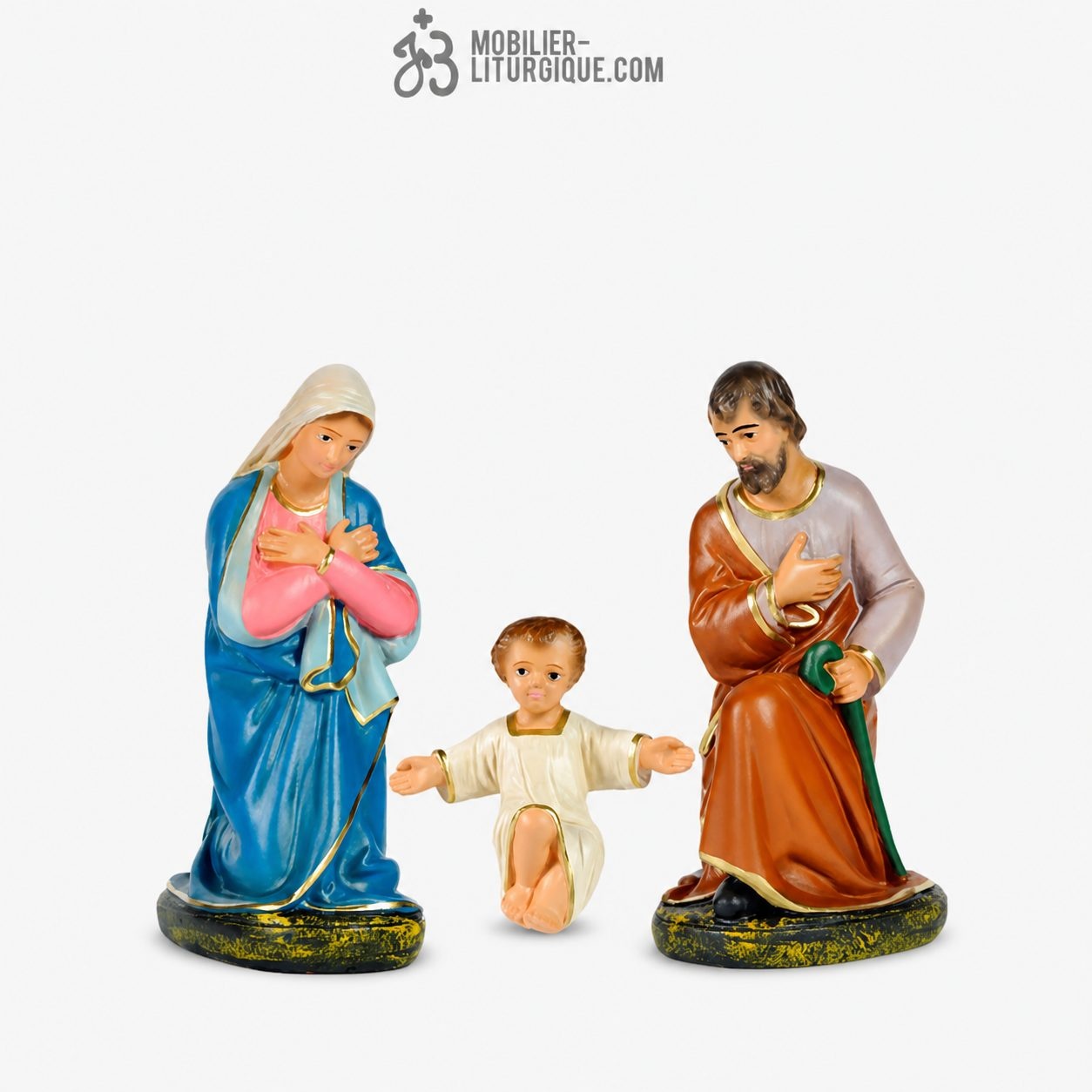 Lot de 3 personnages de cr&egrave;che : Sainte Famille, en pl&acirc;tre color&eacute;