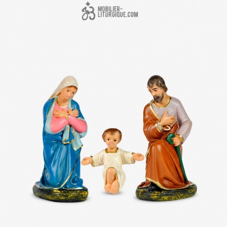 Lot de 3 personnages de cr&egrave;che : Sainte Famille, en pl&acirc;tre color&eacute;