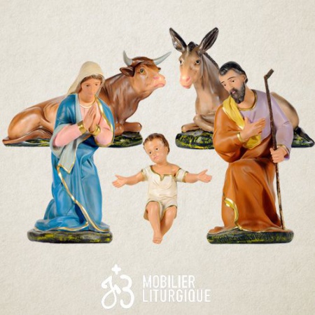 Lot de 5 personnages de crèche : Sainte Famille, Ane et Boeuf, en plâtre coloré