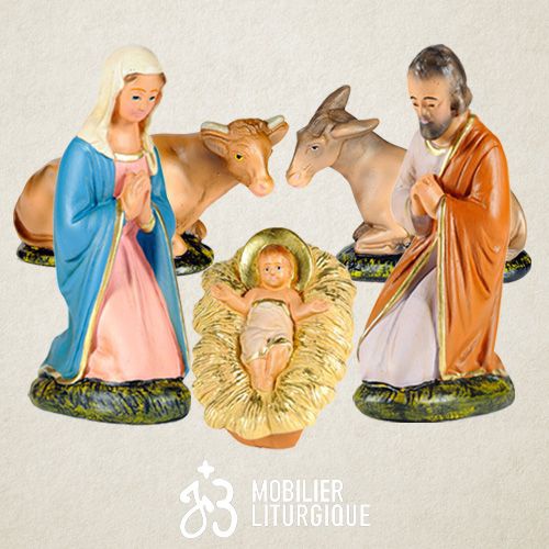 Lot de 5 personnages de cr�che : Sainte Famille, �ne et boeuf, en pl�tre color�
