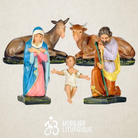 Lot de 5 personnages de crèche : Sainte Famille, âne et boeuf, en plâtre coloré