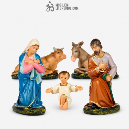 Lot de 5 personnages de cr&egrave;che, en pl&acirc;tre color&eacute;
