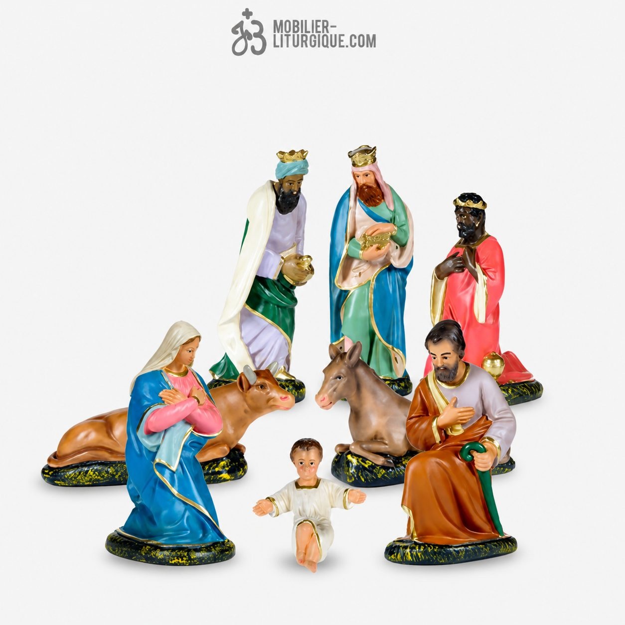 Lot de 9 personnages de cr&egrave;che, en pl&acirc;tre color&eacute;