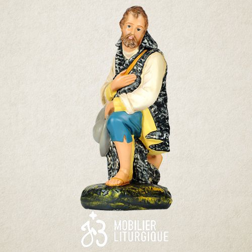 Personnage de cr�che : Berger � genoux, en pl�tre color�
