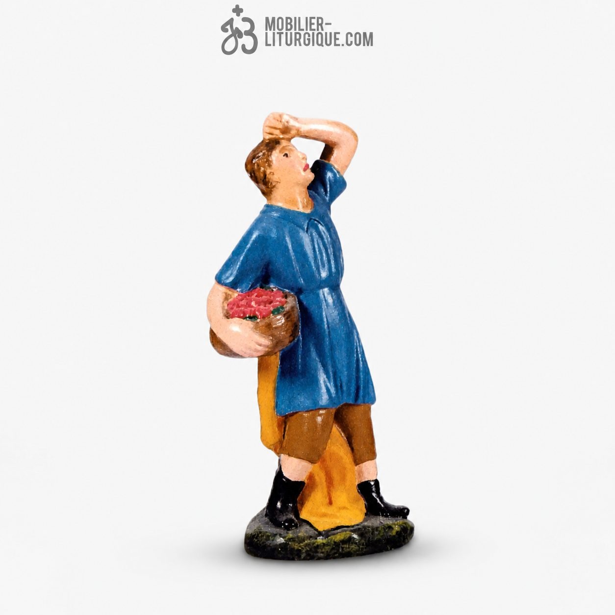 Personnage de cr&egrave;che : Berger au panier, en pl&acirc;tre color&eacute;