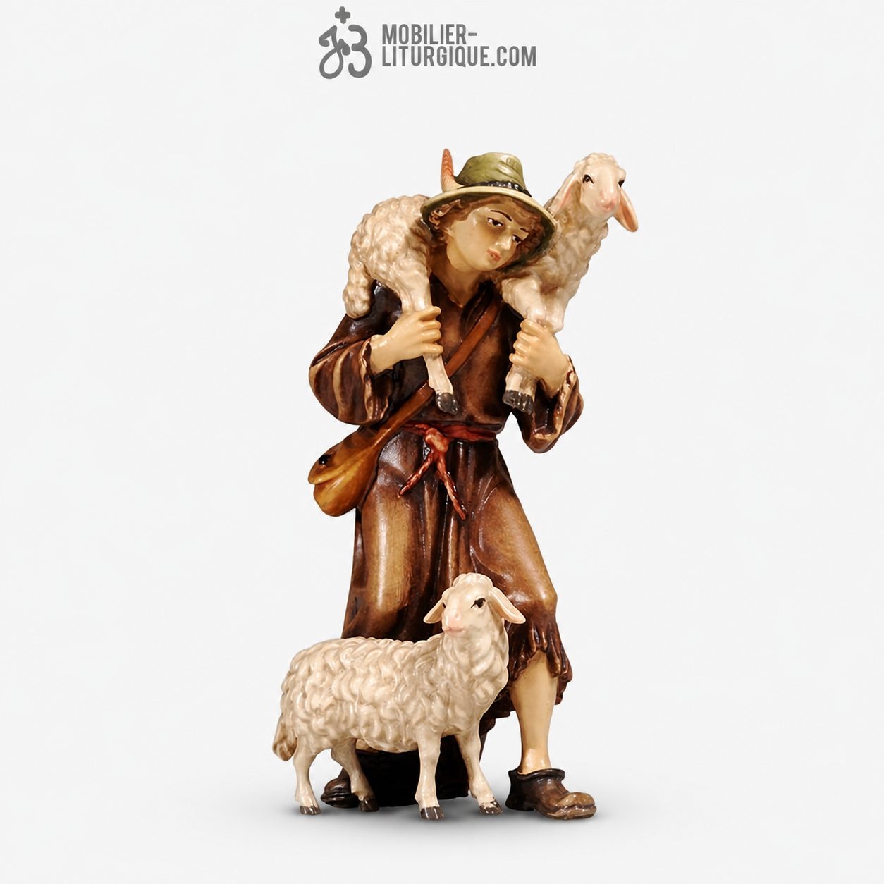 Personnage de cr&egrave;che : Berger aux deux moutons en bois color&eacute;
