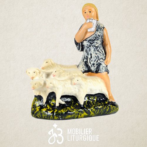 Personnage de cr�che : Berger avec moutons, en pl�tre color�