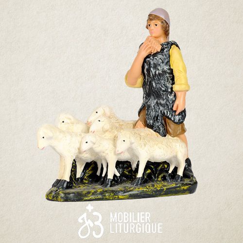 Personnage de cr�che : Berger avec moutons, en pl�tre color�.