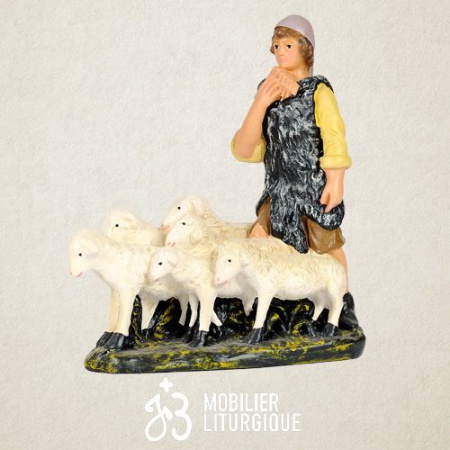 Personnage de crèche : Berger avec moutons, en plâtre coloré.