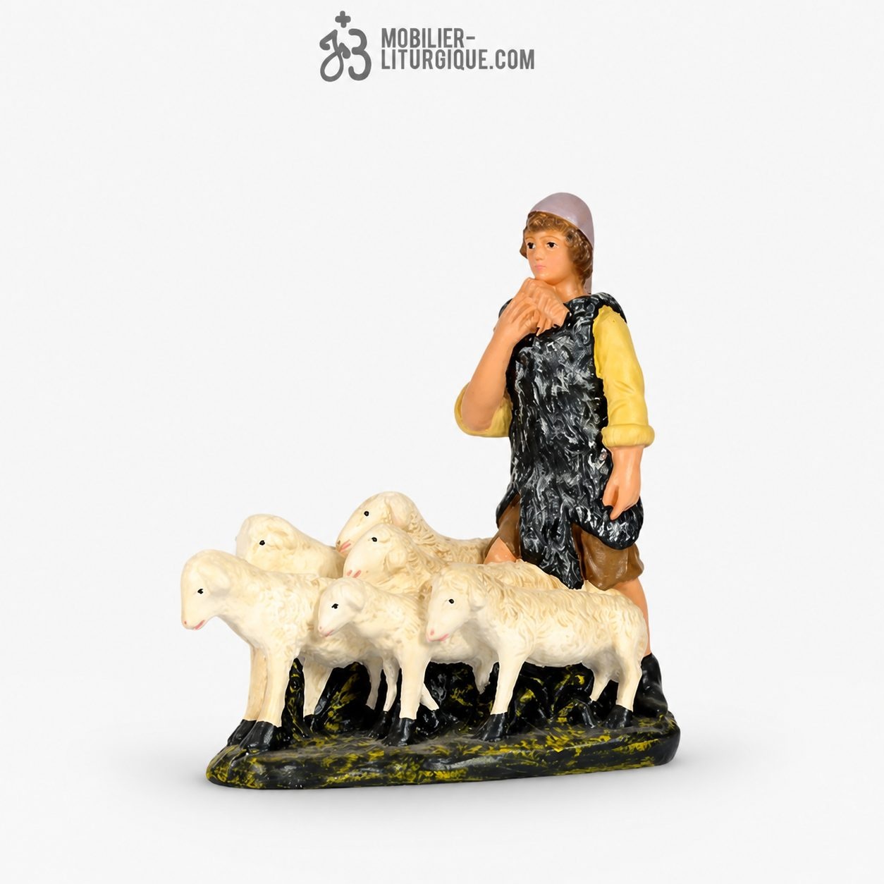 Personnage de cr&egrave;che : Berger avec moutons, en pl&acirc;tre color&eacute;
