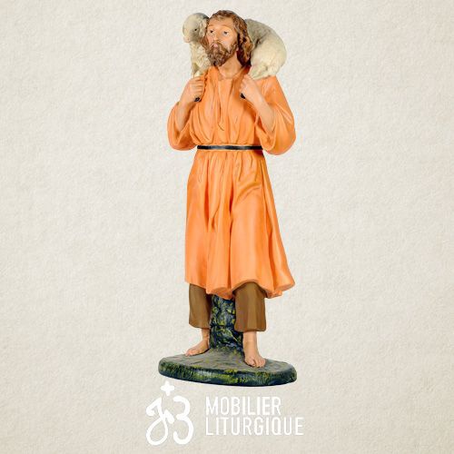 Personnage de cr�che : Berger avec un agneau, en pl�tre color�