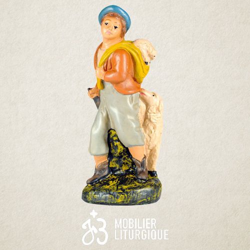 Personnage de cr�che : Berger avec un agneau et un mouton, en pl�tre color�