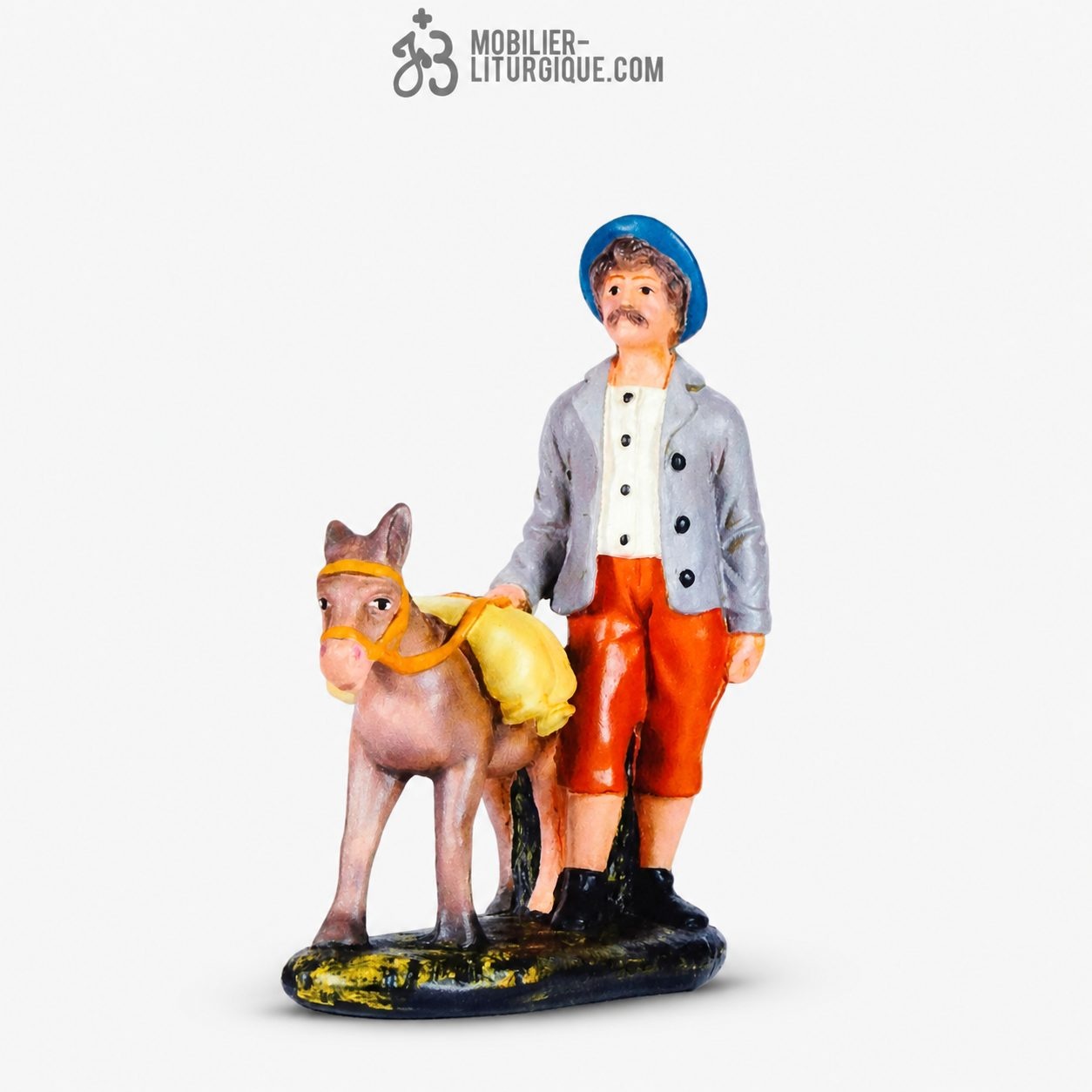 Personnage de cr&egrave;che : Berger avec un &acirc;ne, en pl&acirc;tre color&eacute;