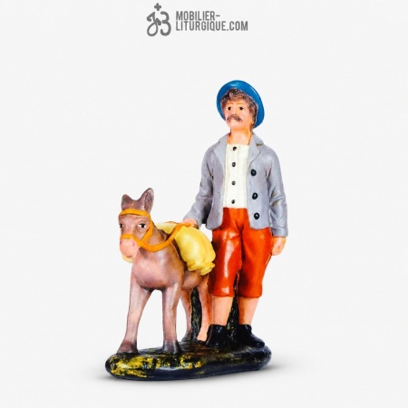Personnage de cr&egrave;che : Berger avec un &acirc;ne, en pl&acirc;tre color&eacute;