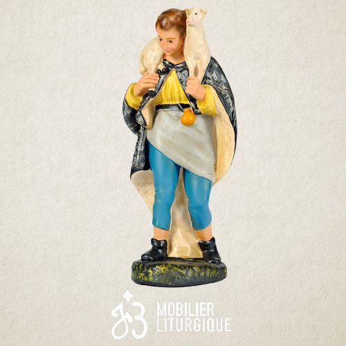 Personnage de cr�che : Berger avec un mouton, en pl�tre color�