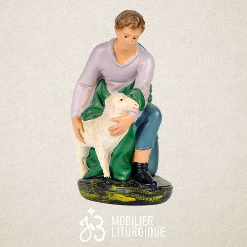 Personnage de cr�che : Berger avec un mouton, en pl�tre color�