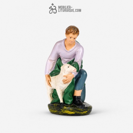 Personnage de cr&egrave;che : Berger avec un mouton, en pl&acirc;tre color&eacute;