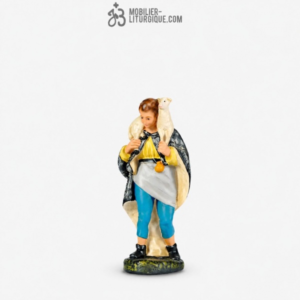 Personnage de cr�che : Berger avec un mouton, en pl�tre color�