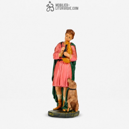 Personnage de cr&egrave;che : Berger et son chien, en pl&acirc;tre color&eacute;