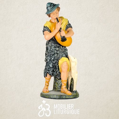 Personnage de cr�che : Berger jouant de la cornemuse, en pl�tre color�
